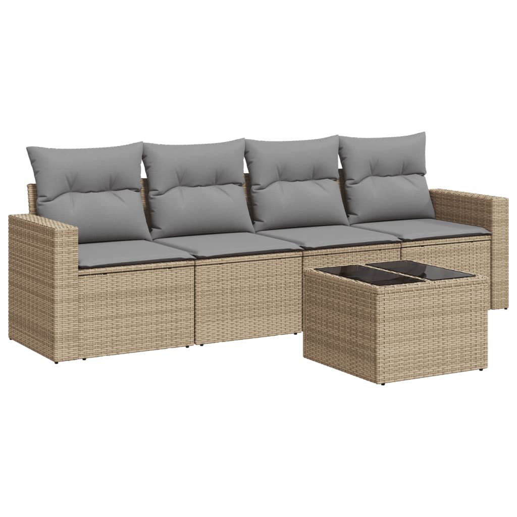 Set Divano da Giardino 5 pz con Cuscini Beige in Polyrattan