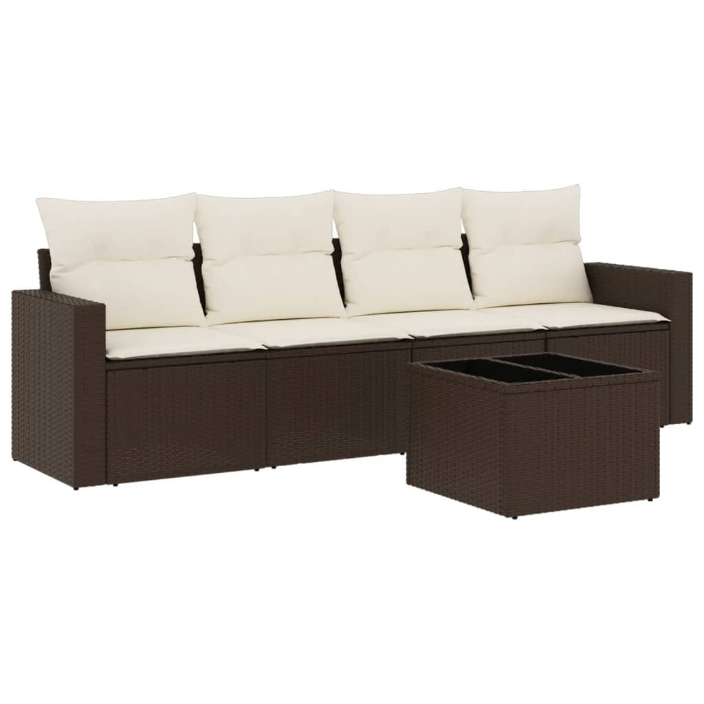 Set Divano da Giardino 5 pz con Cuscini Marrone in Polyrattan