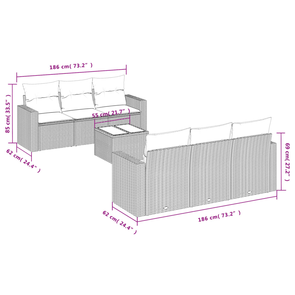 Set Divani da Giardino 7 pz con Cuscini Marrone in Polyrattan