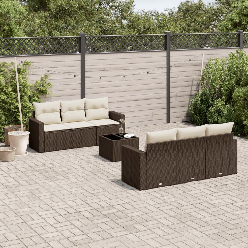 Set Divani da Giardino 7 pz con Cuscini Marrone in Polyrattan