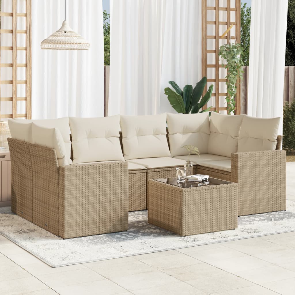 Set Divani da Giardino 7 pz con Cuscini Beige in Polyrattan