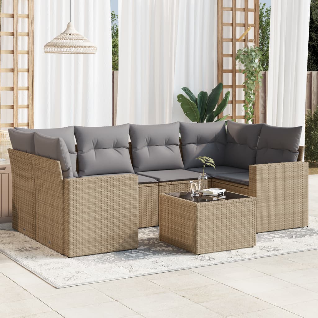 Set Divani da Giardino 7 pz con Cuscini Beige in Polyrattan