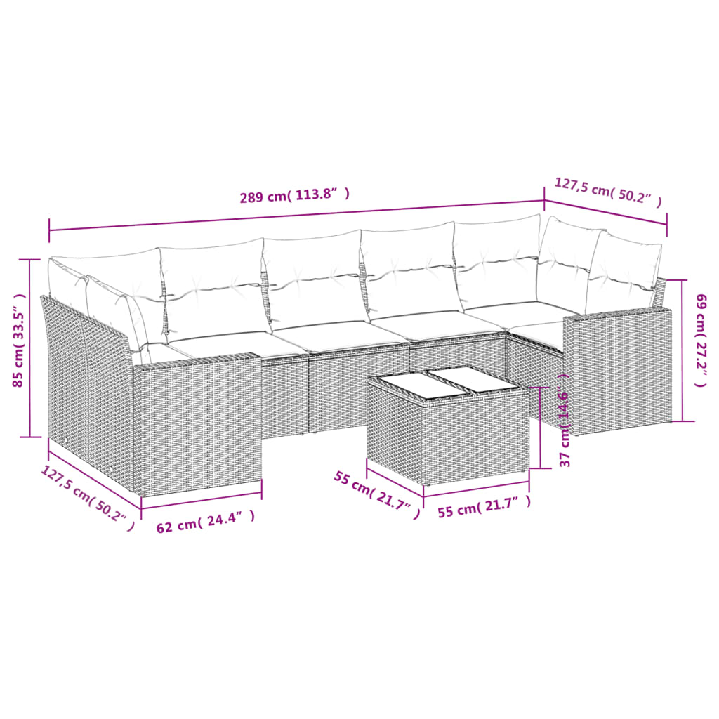 Set Divani da Giardino 8 pz con Cuscini Marrone in Polyrattan