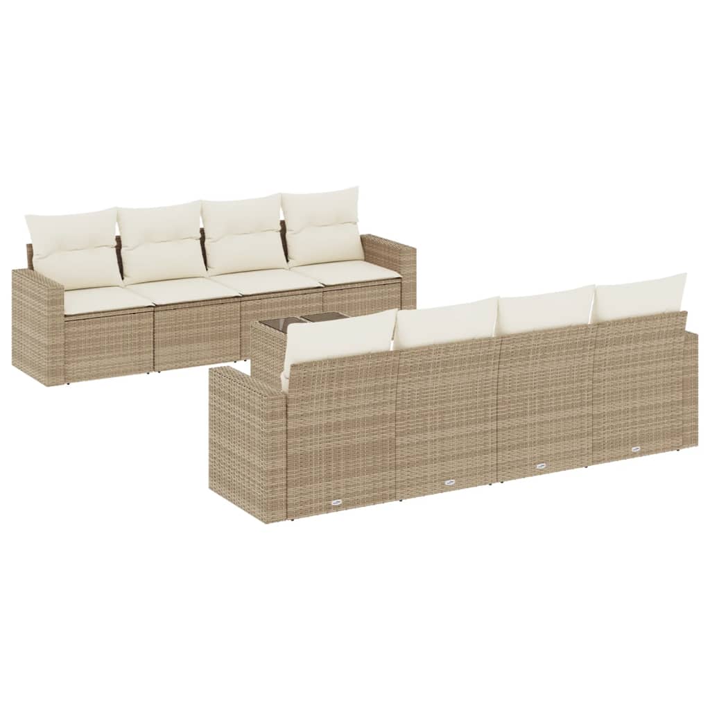 Set Divano da Giardino 9 pz con Cuscini Beige in Polyrattan