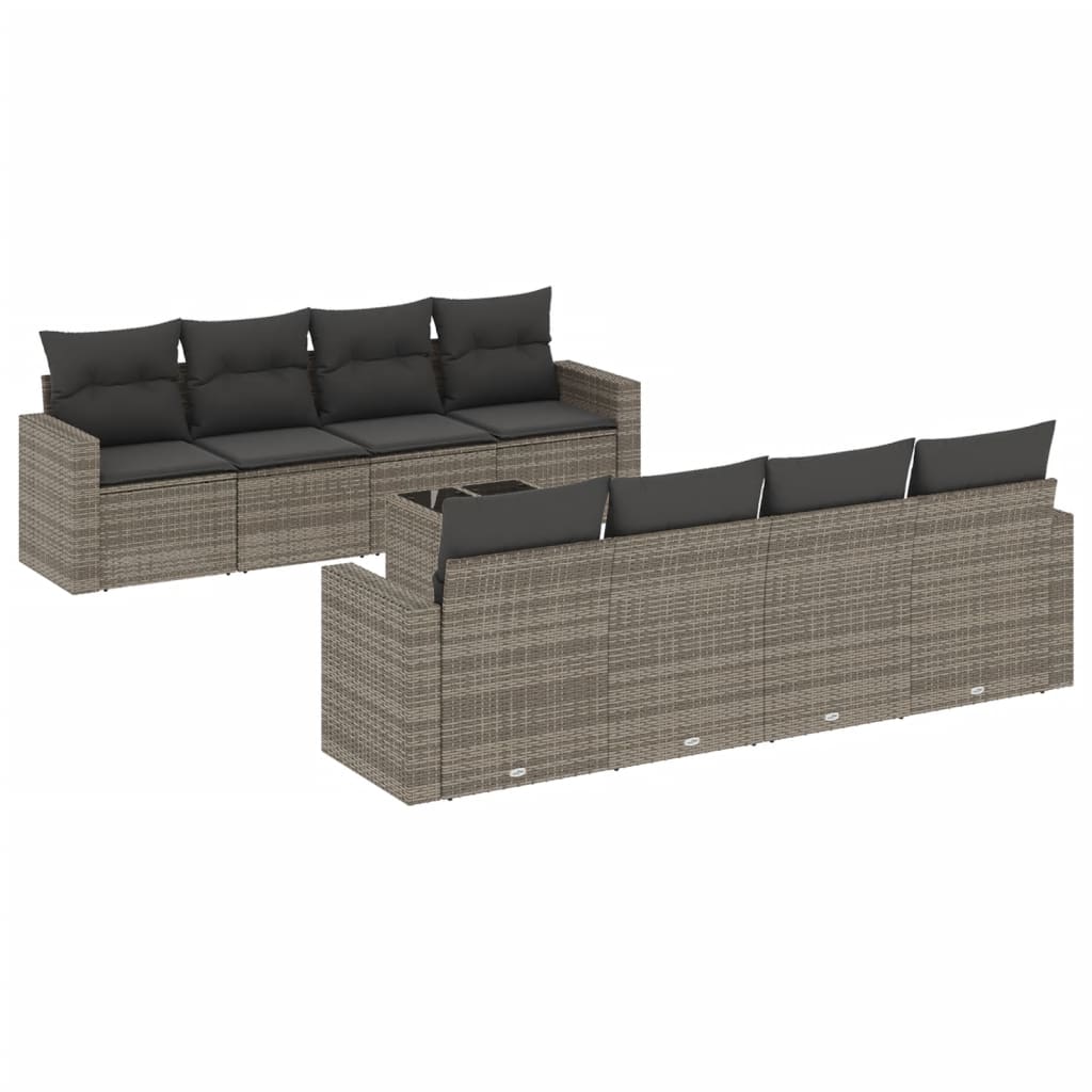 Set Divano da Giardino 9 pz con Cuscini Grigio in Polyrattan