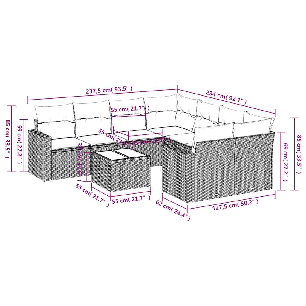 Set Divano da Giardino 9 pz con Cuscini Beige in Polyrattan