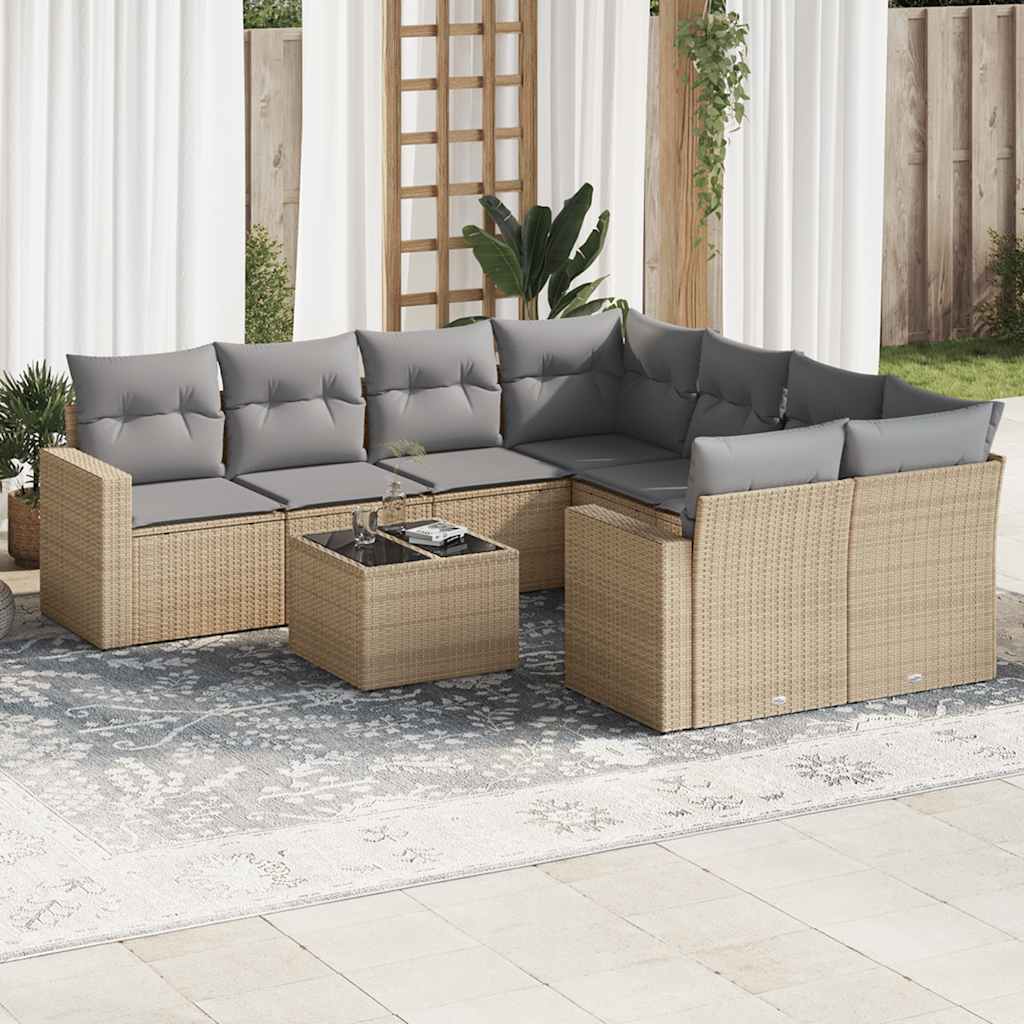 Set Divano da Giardino 9 pz con Cuscini Beige in Polyrattan