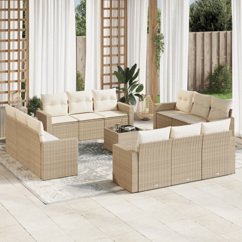 Set Divano da Giardino 13 pz con Cuscini Beige in Polyrattan