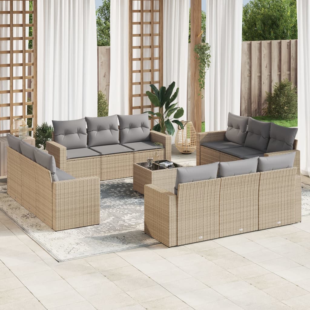 Set Divano da Giardino 13 pz con Cuscini Beige in Polyrattan