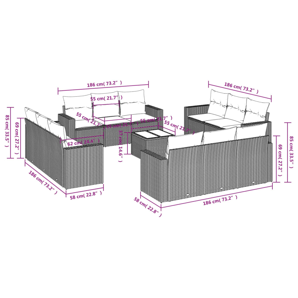 Set Divani da Giardino 13 pz con Cuscini Marrone in Polyrattan