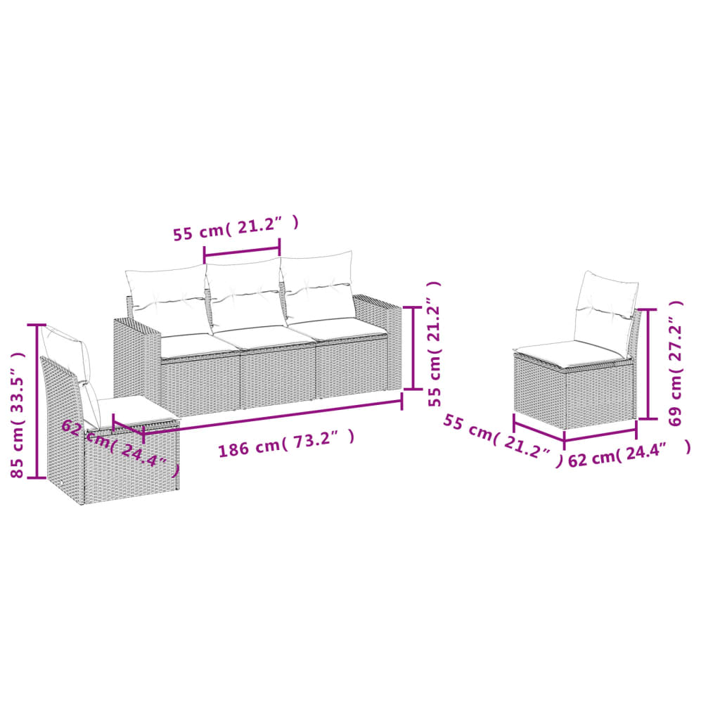 Set Divano da Giardino 5 pz con Cuscini Grigio in Polyrattan