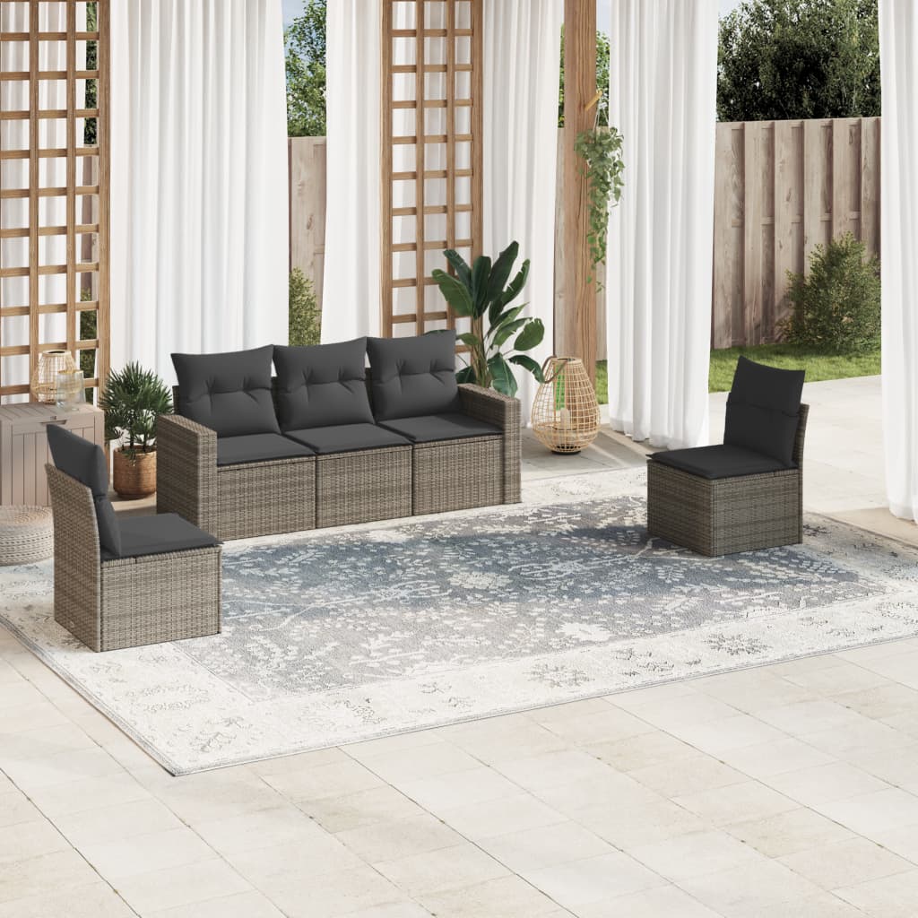 Set Divano da Giardino 5 pz con Cuscini Grigio in Polyrattan