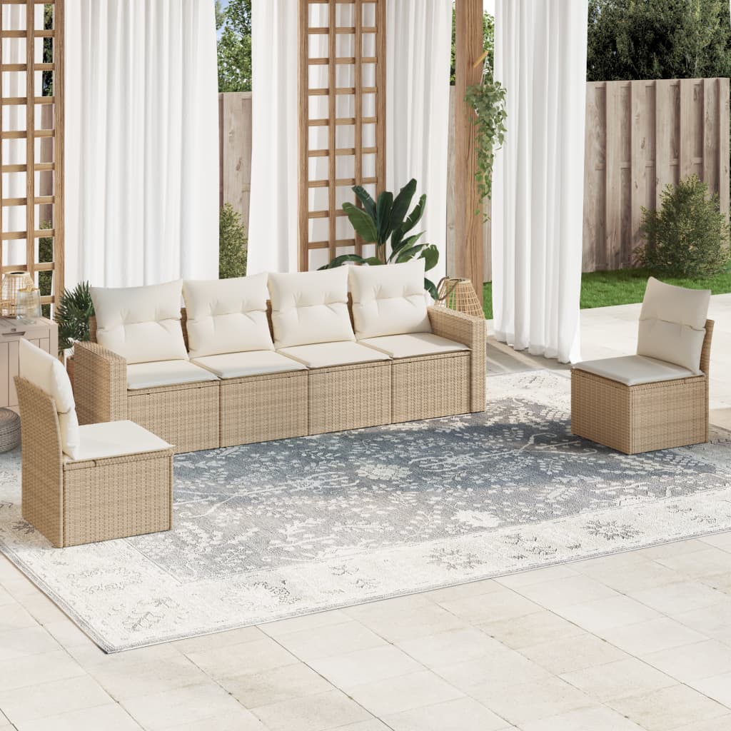 Set Divano da Giardino 6 pz con Cuscini Beige in Polyrattan