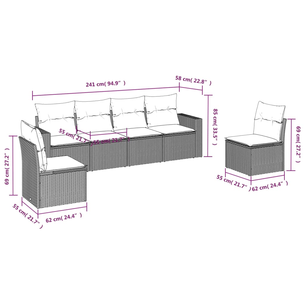 Set Divano da Giardino 6 pz con Cuscini Grigio in Polyrattan