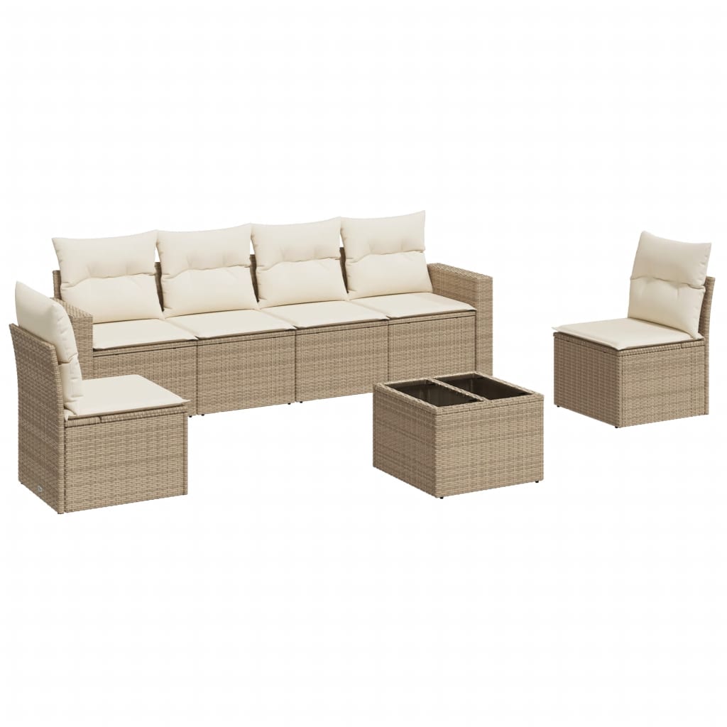 Set Divani da Giardino 7 pz con Cuscini Beige in Polyrattan