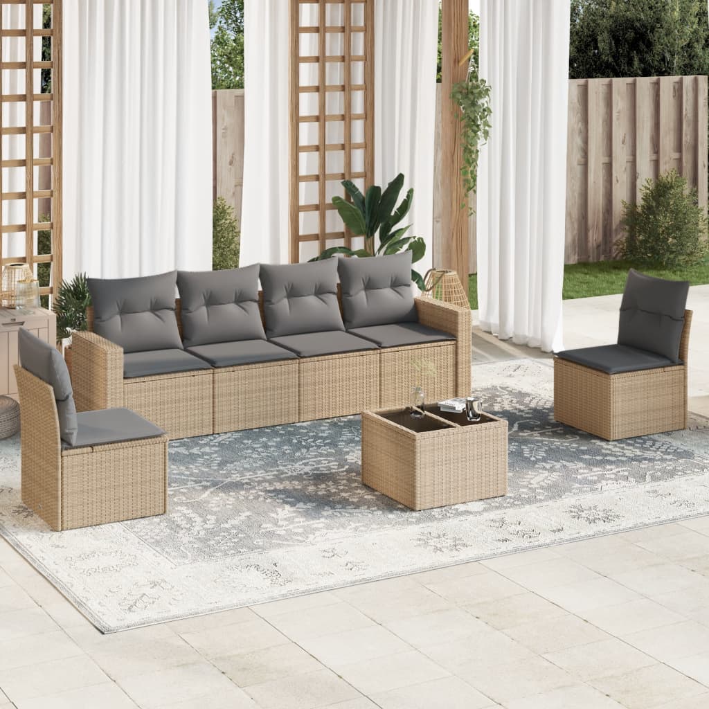 Set Divani da Giardino 7 pz con Cuscini Beige in Polyrattan