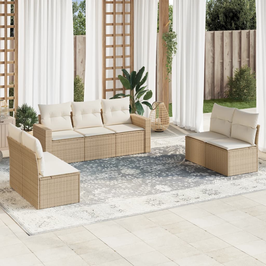 Set Divani da Giardino 7 pz con Cuscini Beige in Polyrattan