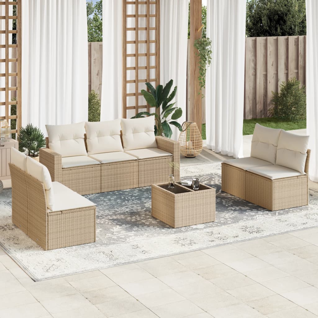 Set Divano da Giardino 8 pz con Cuscini Beige in Polyrattan