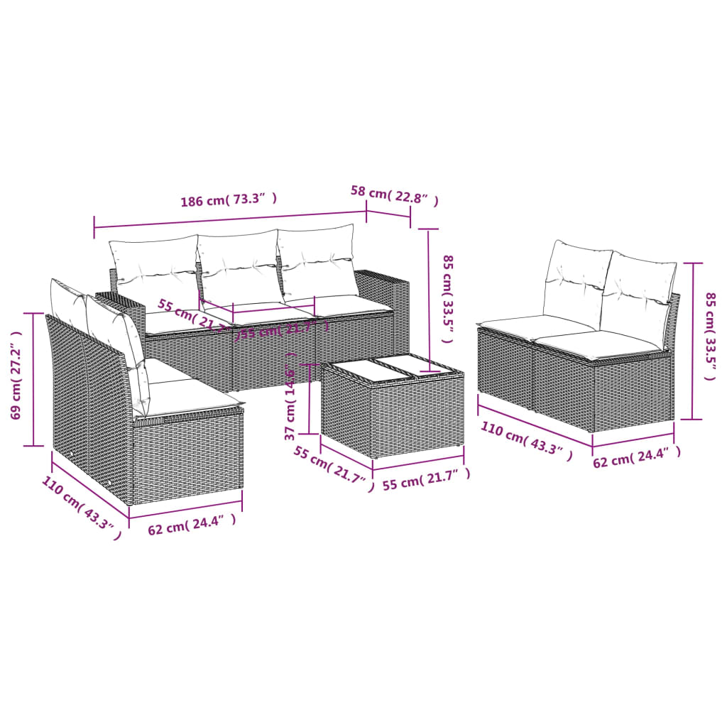 Set Divani da Giardino 8 pz con Cuscini Marrone in Polyrattan