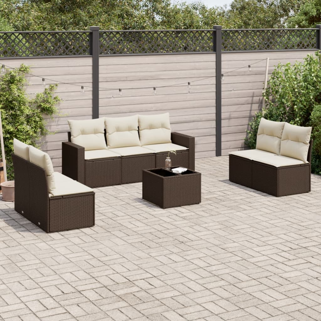 Set Divani da Giardino 8 pz con Cuscini Marrone in Polyrattan