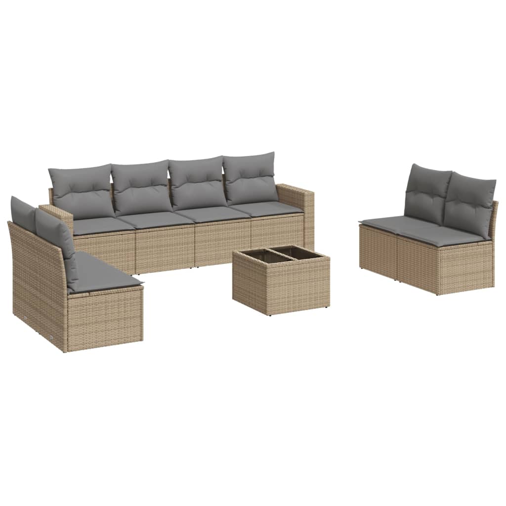 Set Divano da Giardino 9 pz con Cuscini Beige in Polyrattan