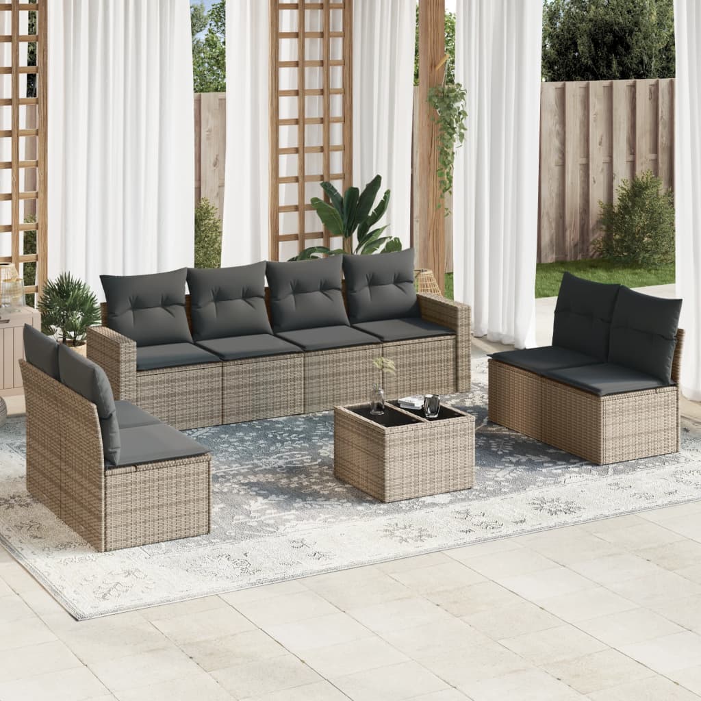 Set Divano da Giardino 9 pz con Cuscini Beige in Polyrattan