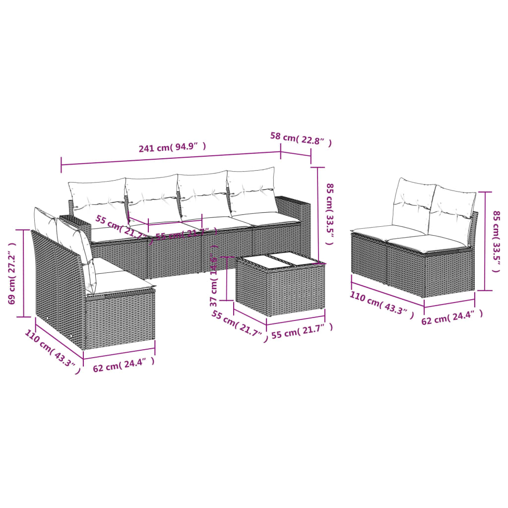 Set Divano da Giardino 9 pz con Cuscini Grigio in Polyrattan