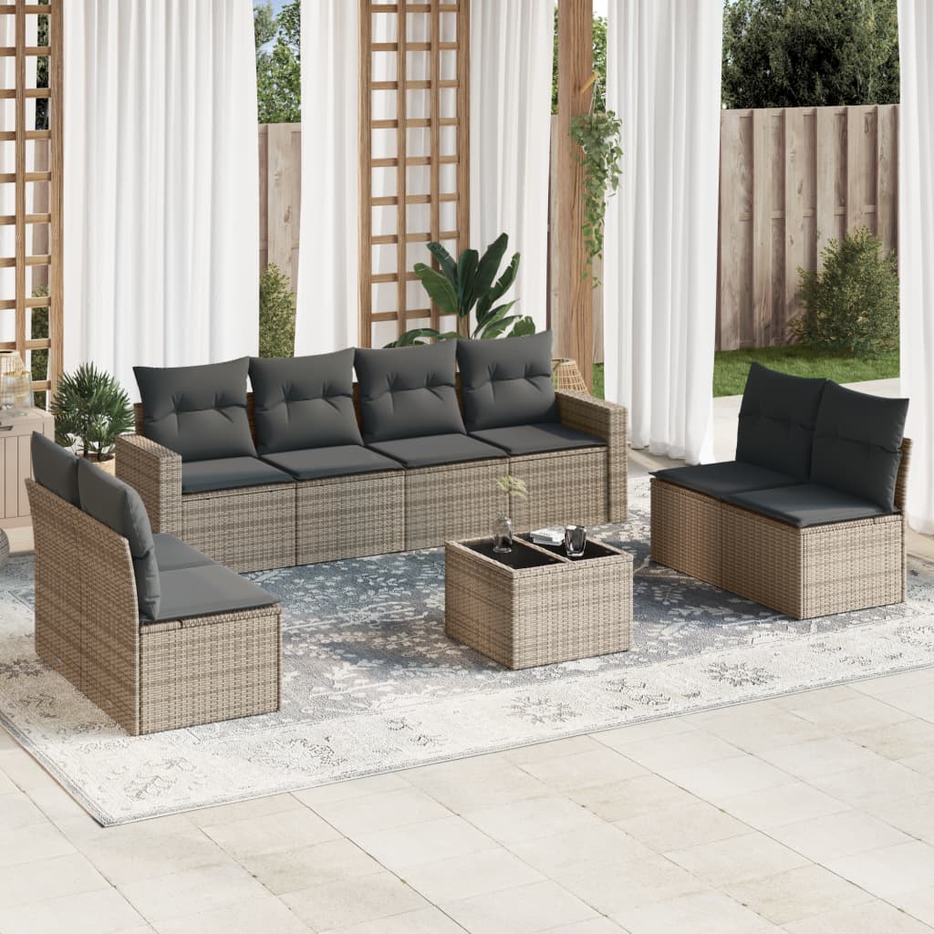 Set Divano da Giardino 9 pz con Cuscini Grigio in Polyrattan