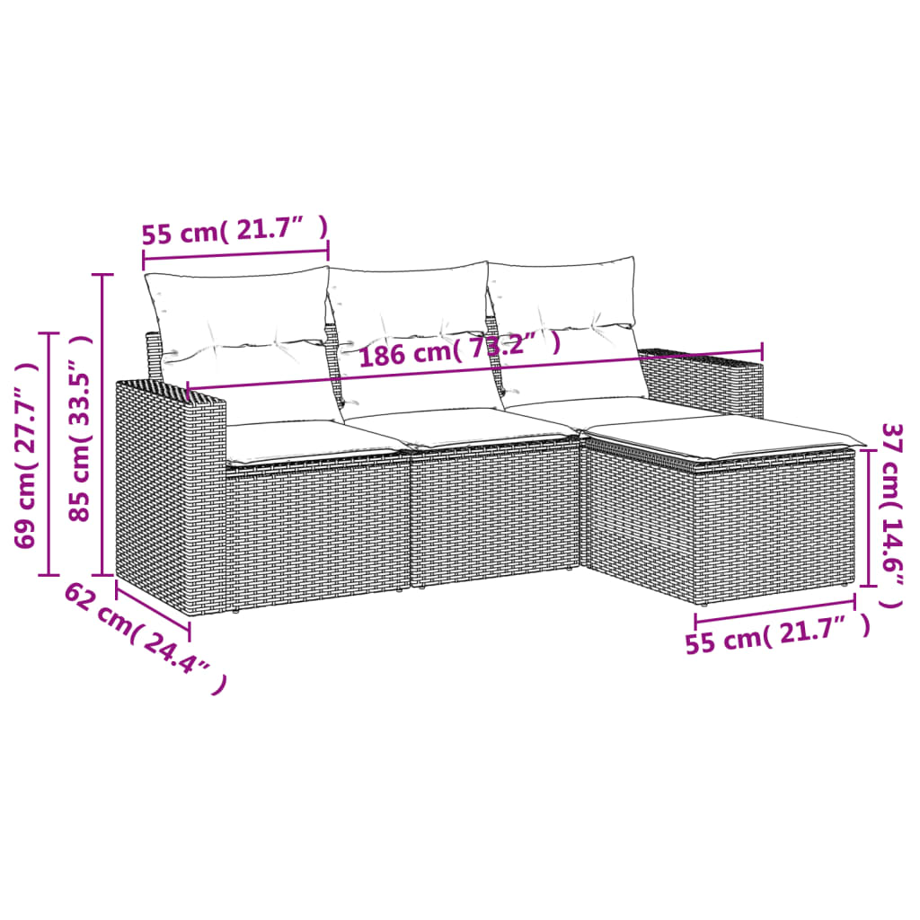 Set Divano da Giardino 4 pz con Cuscini Beige in Polyrattan