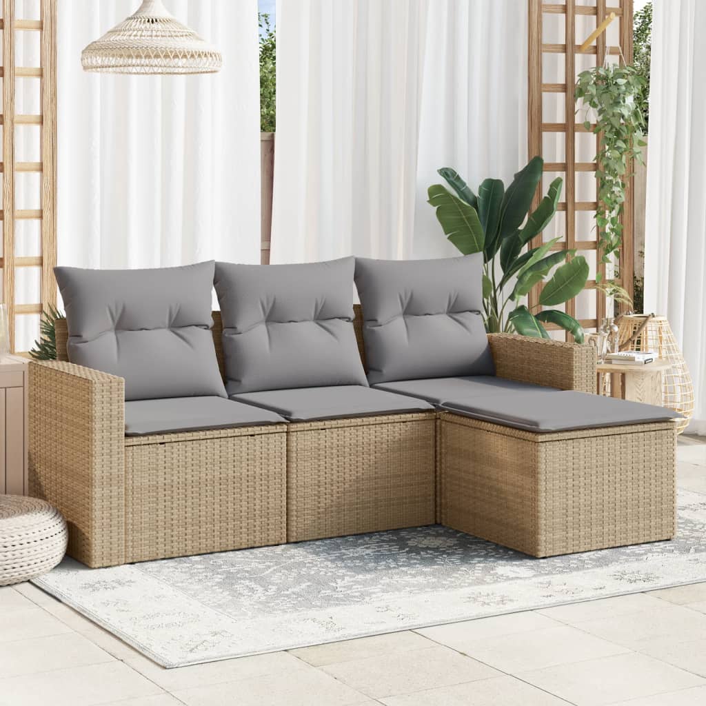 Set Divano da Giardino 4 pz con Cuscini Beige in Polyrattan