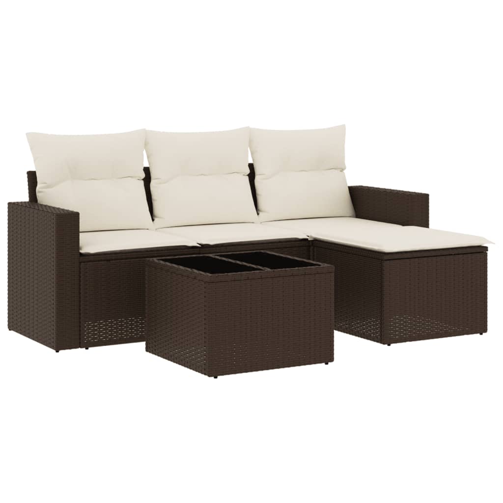 Set Divano da Giardino 5 pz con Cuscini Marrone in Polyrattan