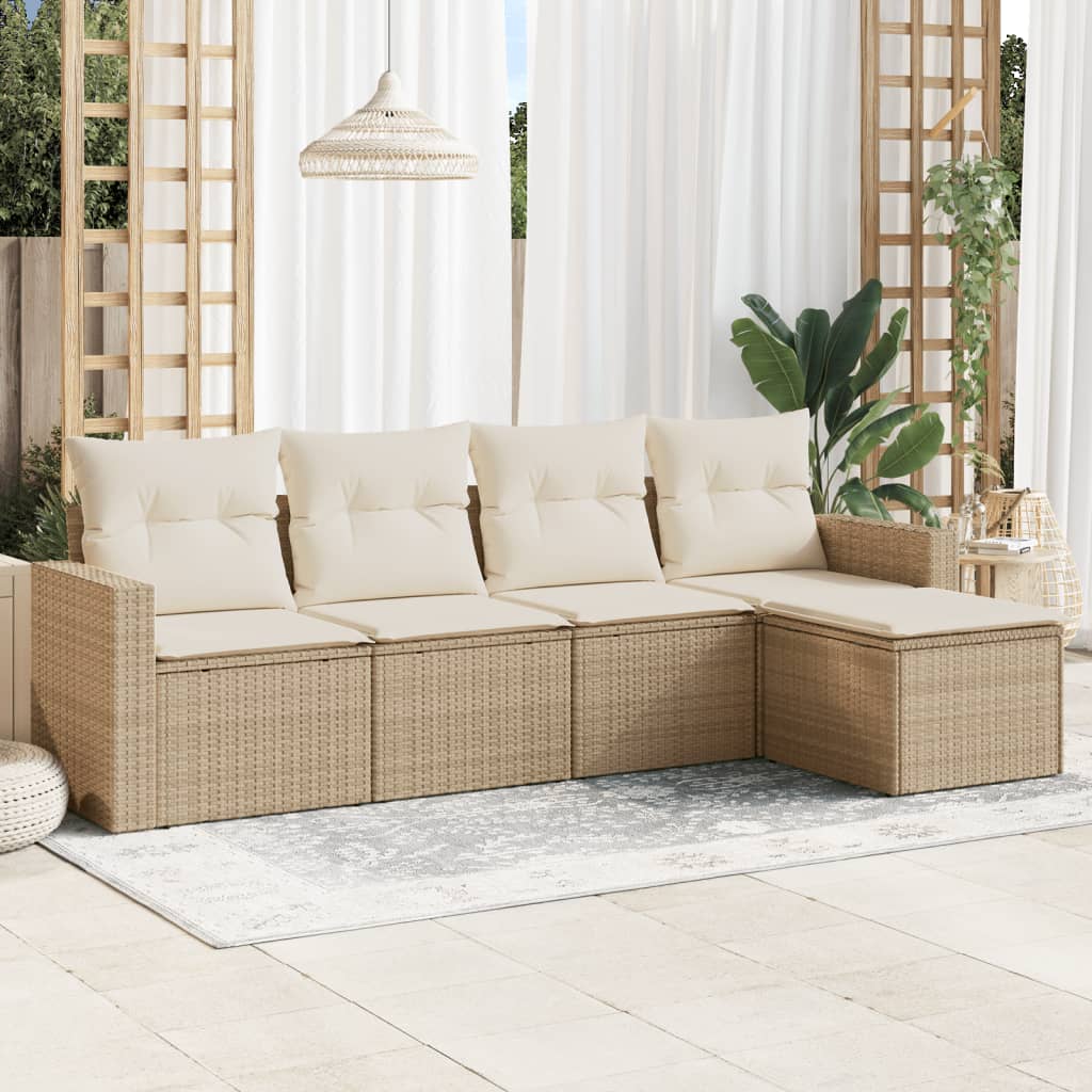 Set Divano da Giardino 5 pz con Cuscini Beige in Polyrattan