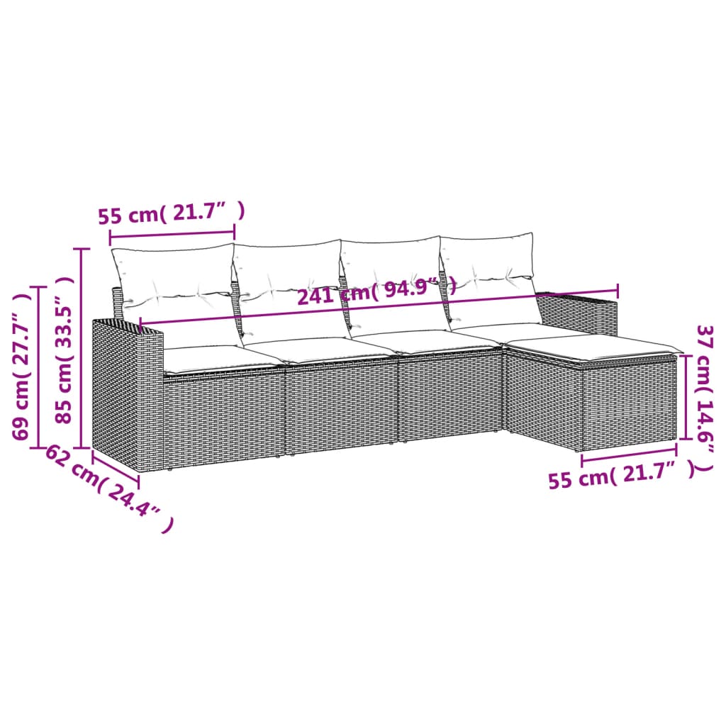 Set Divano da Giardino 5 pz con Cuscini Beige in Polyrattan