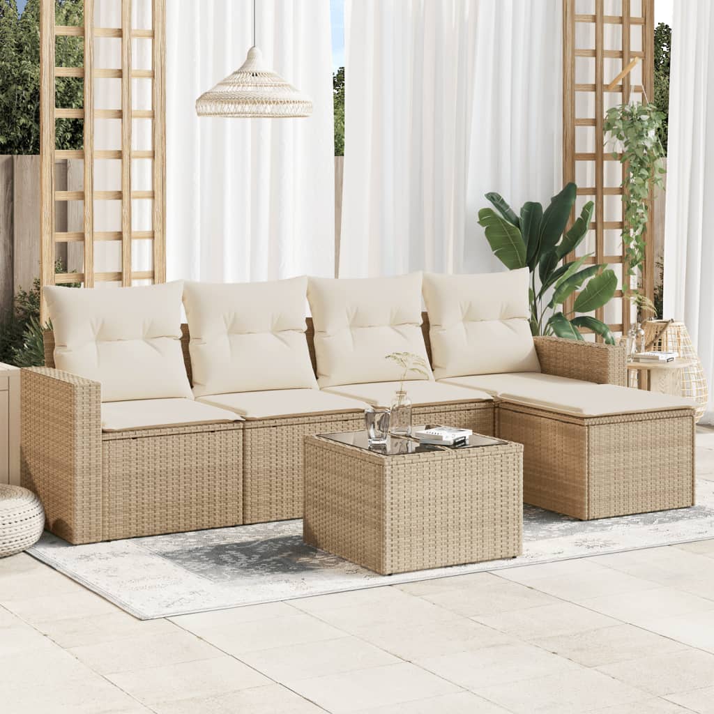 Set Divano da Giardino 6 pz con Cuscini Beige in Polyrattan