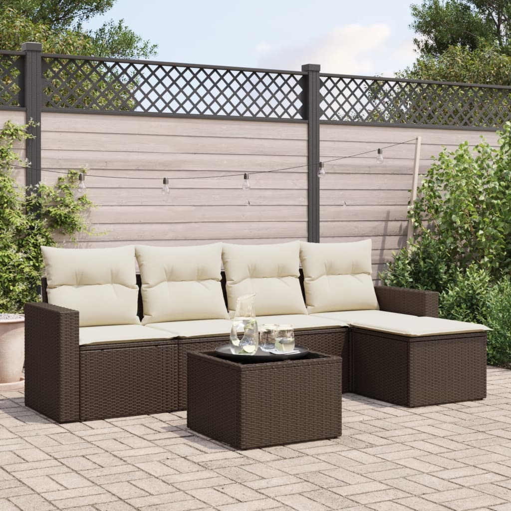 Set Divani da Giardino 6 pz con Cuscini Marrone in Polyrattan