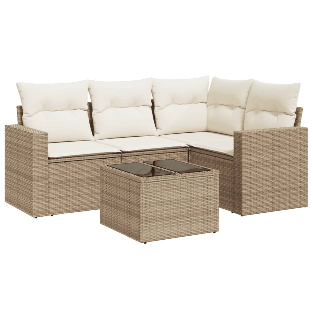 Set Divano da Giardino 5 pz con Cuscini Beige in Polyrattan