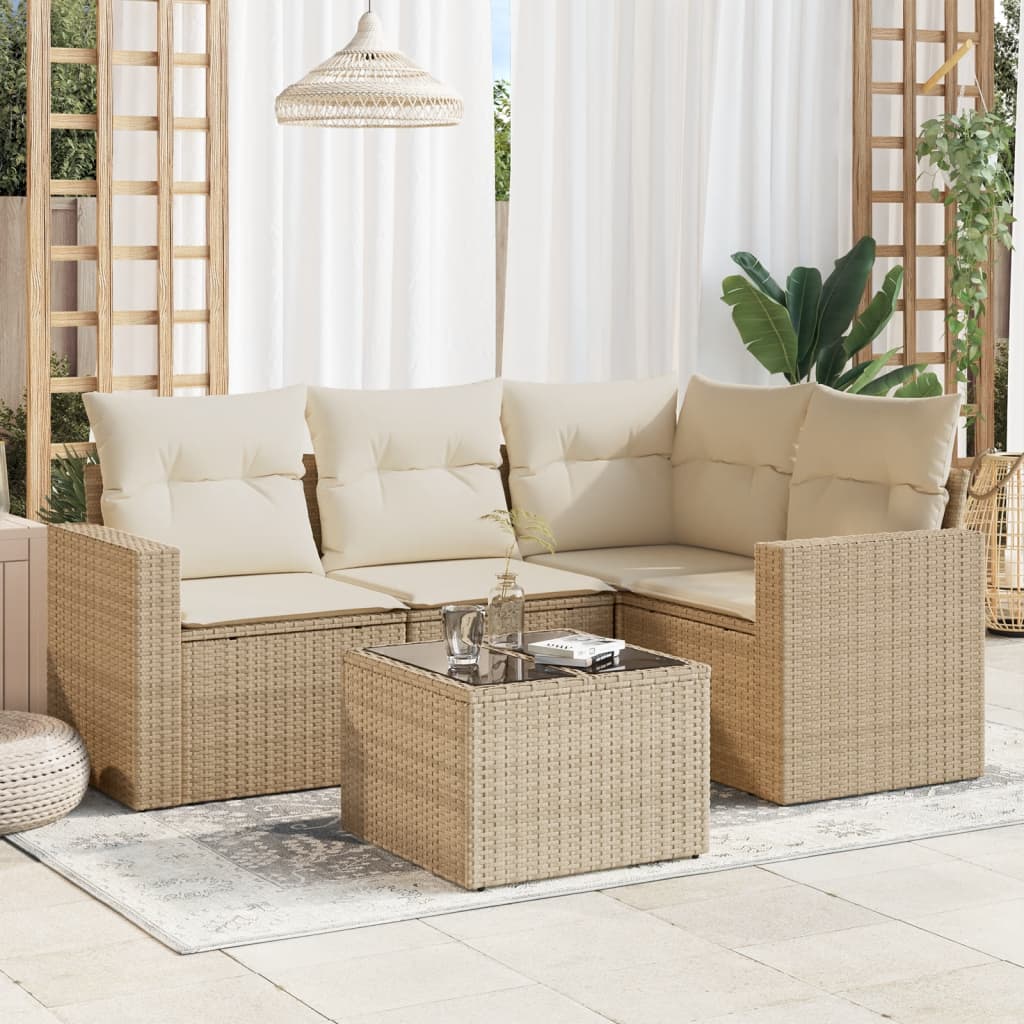 Set Divano da Giardino 5 pz con Cuscini Beige in Polyrattan