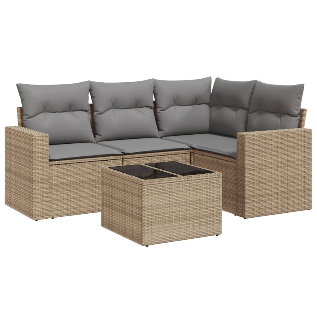 Set Divano da Giardino 5 pz con Cuscini Beige in Polyrattan