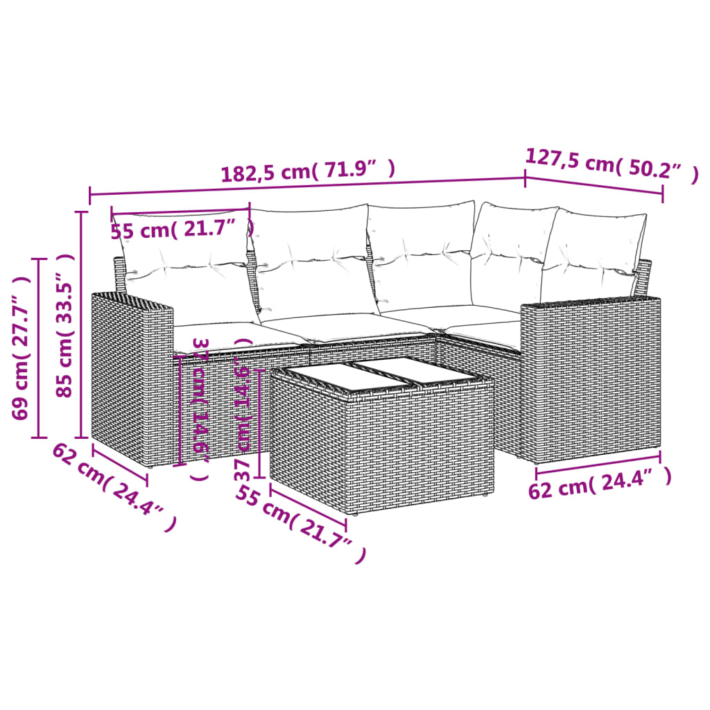 Set Divano da Giardino 5 pz con Cuscini Beige in Polyrattan