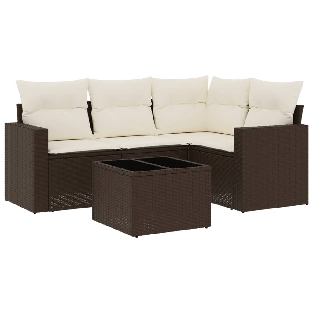 Set Divano da Giardino 5 pz con Cuscini Marrone in Polyrattan