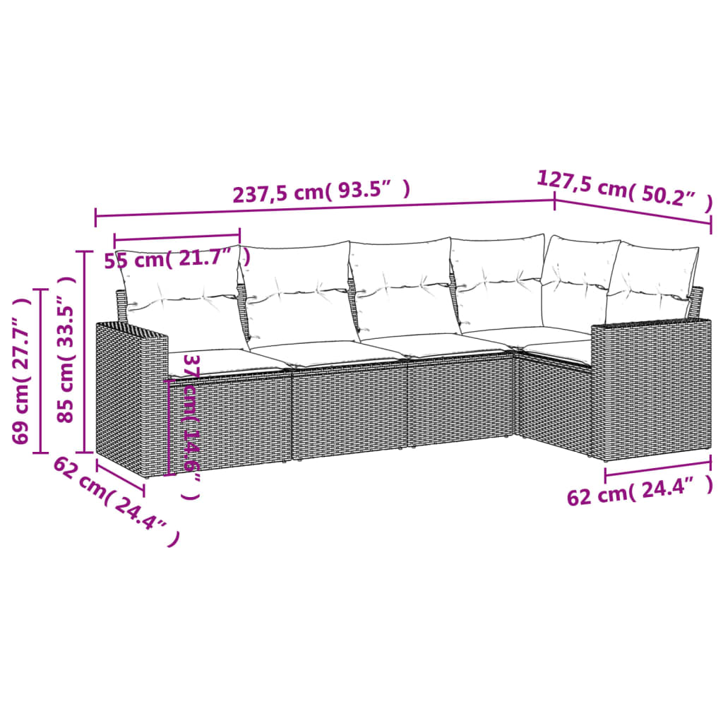 Set Divano da Giardino 5 pz con Cuscini Grigio in Polyrattan