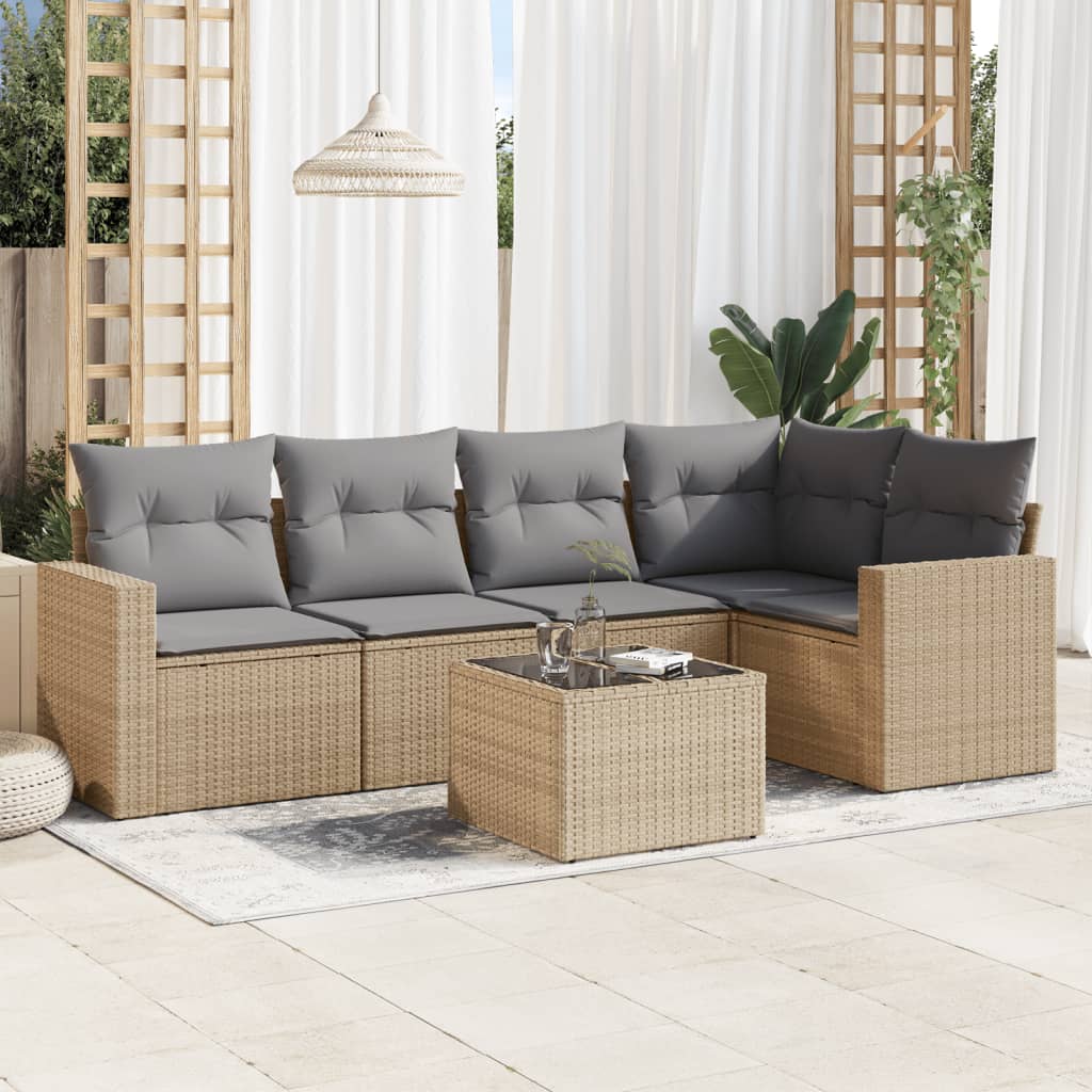 Set Divano da Giardino 6 pz con Cuscini Beige in Polyrattan