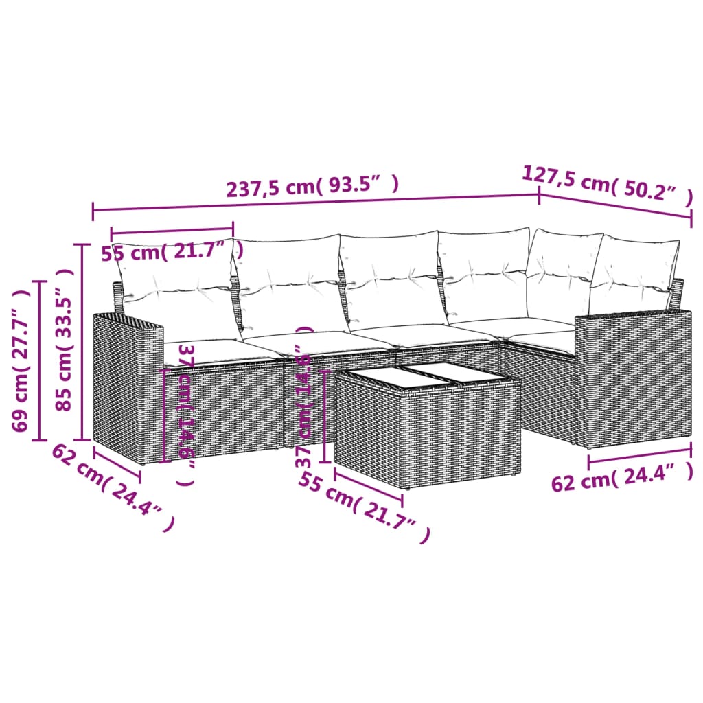 Set Divano da Giardino 6 pz con Cuscini Marrone in Polyrattan