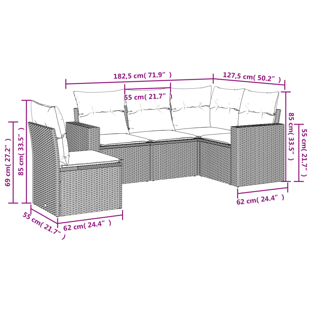 Set Divano da Giardino 5 pz con Cuscini Grigio in Polyrattan