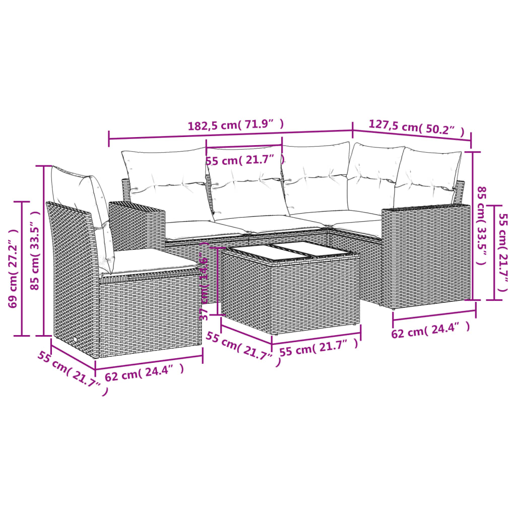 Set Divano da Giardino 6 pz con Cuscini Grigio in Polyrattan