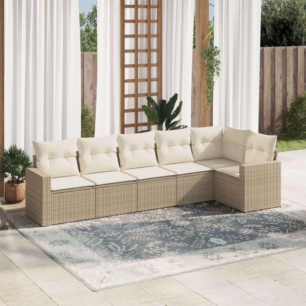 Set Divano da Giardino 6 pz con Cuscini Beige in Polyrattan