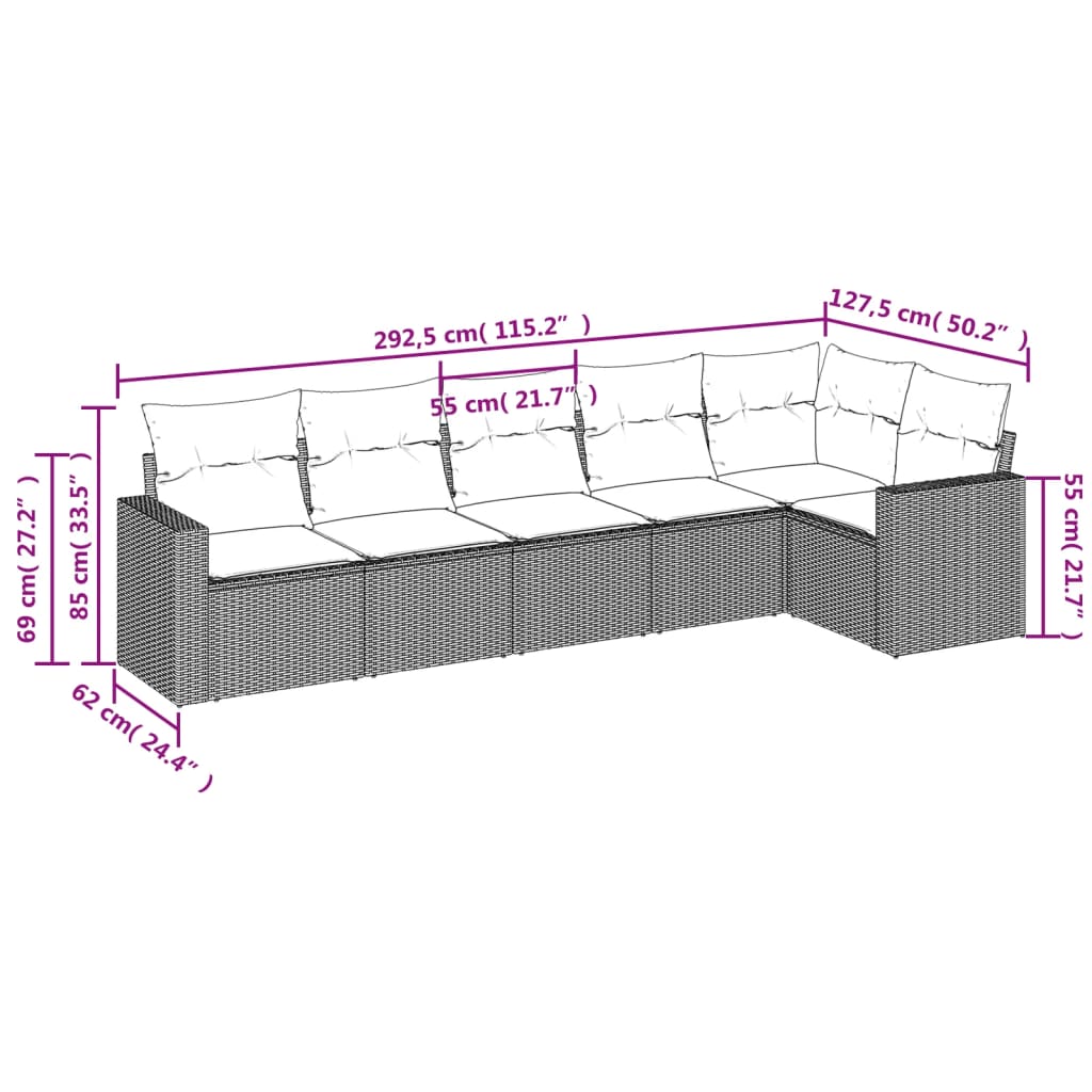 Set Divano da Giardino 6 pz con Cuscini Beige in Polyrattan