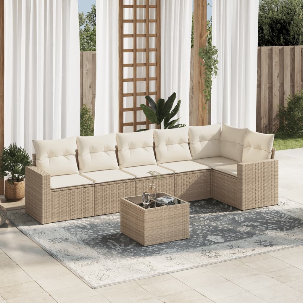 Set Divani da Giardino 7 pz con Cuscini Beige in Polyrattan