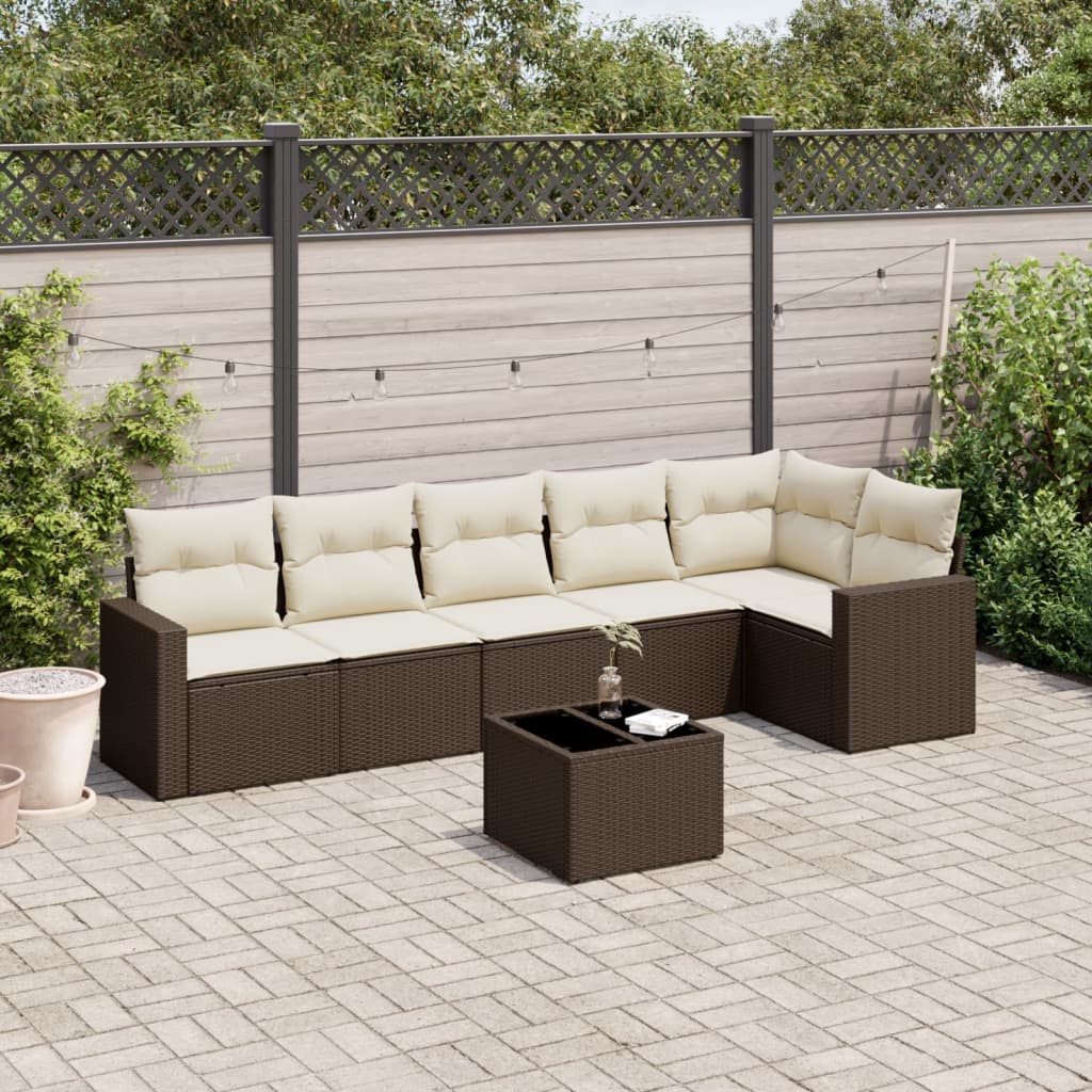 Set Divani da Giardino 7 pz con Cuscini Marrone in Polyrattan