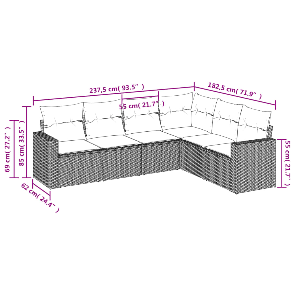 Set Divano da Giardino 6 pz con Cuscini Beige in Polyrattan